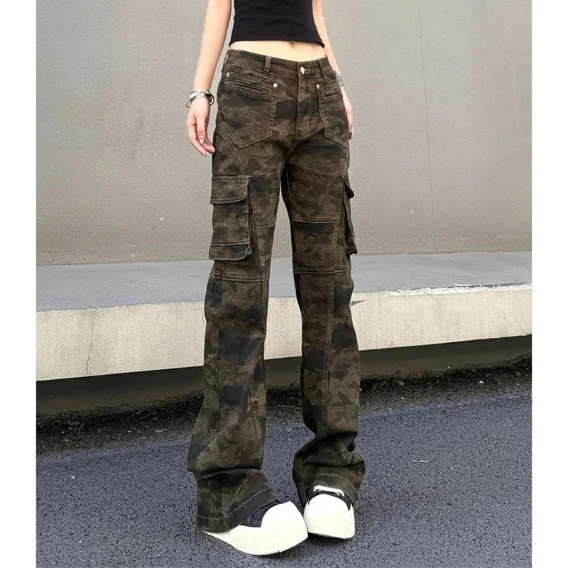 Damen Retro Streetwear Camouflage Schlaghose Mädchen High-Waist Gerade Hose Frauen Schicke Slim-Fit Denim-Hose Image