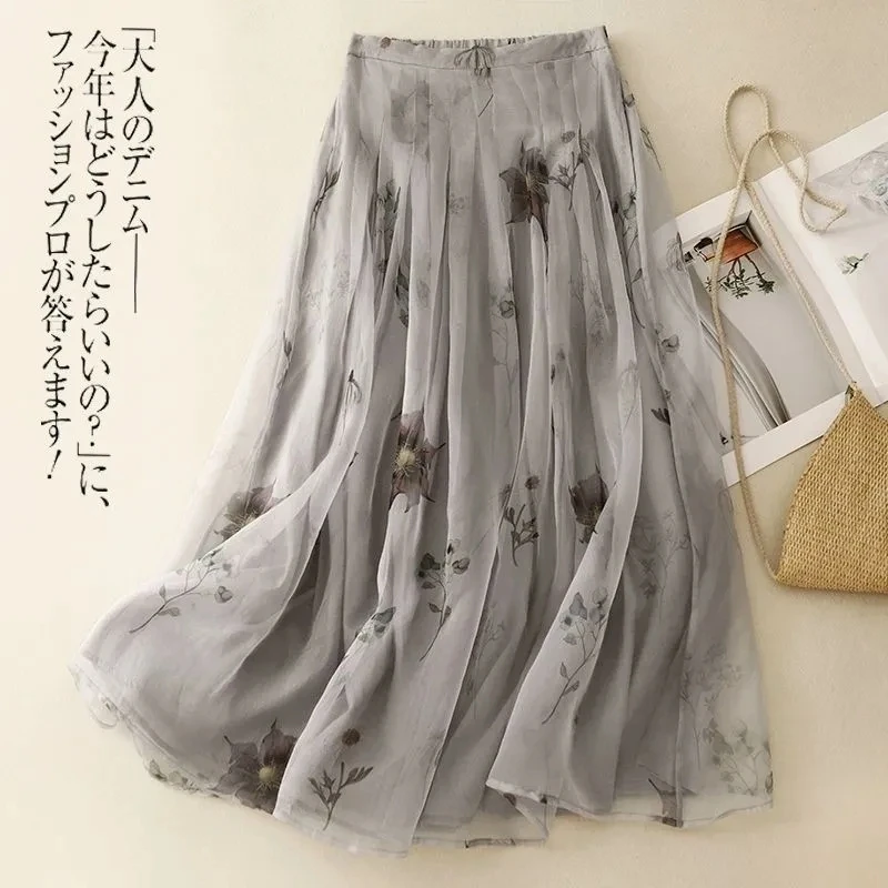 Vintage Damenrock mit Blumenmuster, grau, Midi-Länge, für Damen, Frühling, Sommer, hohe Taille, mit Taschen, A-Linie, elegant