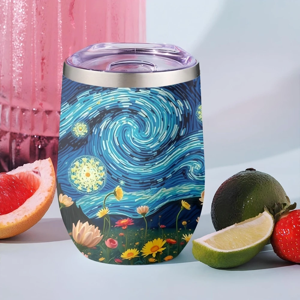 V-Van Gogh's Sternennacht Vakuum-Thermosflaschen 12oz Isoliert mit Deckel Doppelwandige Vakuum-Edelstahl-Tasse Heiß- & Kaltgetränke-Becher Geschenk Image