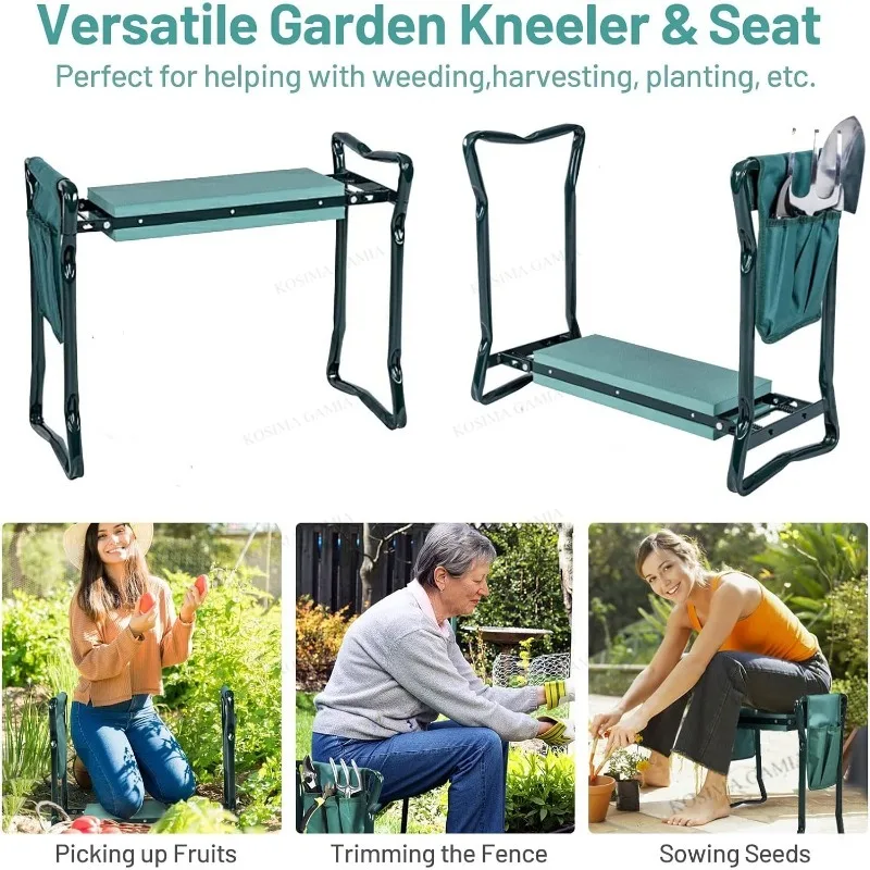 2-in-1 Garten-Kniesitz & Sitzbank, Klappbarer Sitz mit EVA-Schaumstoff-Kniepolster & Abnehmbarer Werkzeugtasche, Tragbarer Gartenhocker für Frauen & Männer