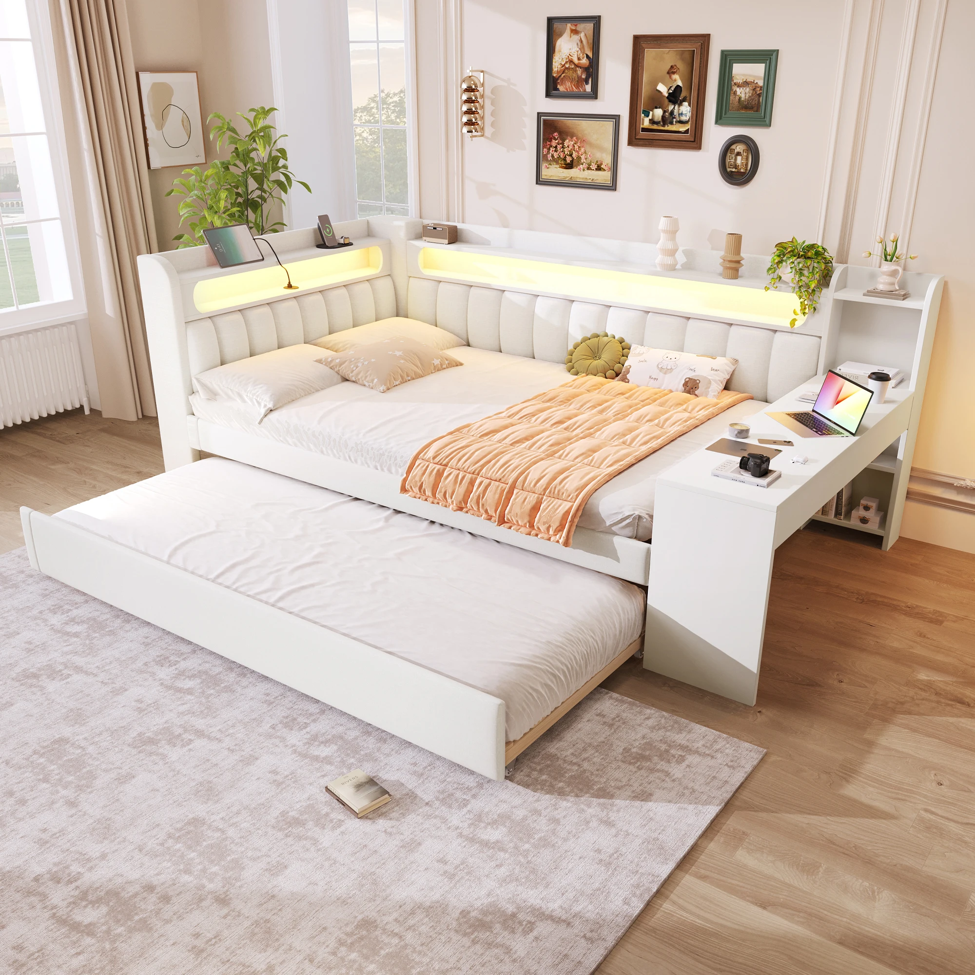 MODFU Schlafsofa 140x200 mit Ausziehbett, LED, USB und Schreibtischdesign, Weiß Image