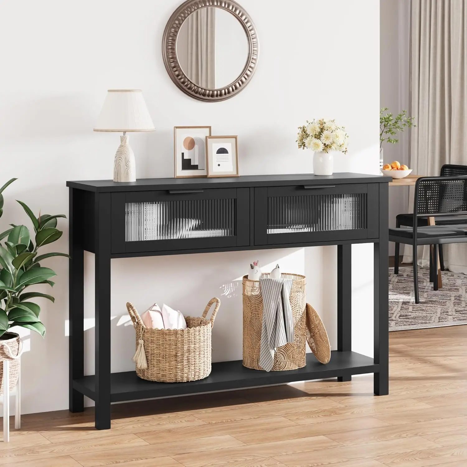 Moderner 2-stufiger schwarzer Konsolentisch mit Glasschubladen, schlanker Sofa-Beistelltisch mit offenem Ablagefach für Wohnzimmer, Flur, Eingangsbereich.