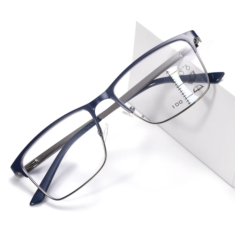 Blaue, quadratische, übergroße Lesebrille aus Legierung mit Multifokus für Herren, progressive Anti-Blaulicht-Vollrahmen-Presbyopie-Brille +175 Image