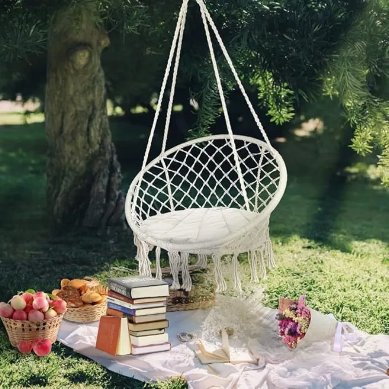 Hängematte für Bed and Breakfast, Hängematte aus Baumwollseil mit Fransen, handgewebte Hängematte, Schaukel, Outdoor-Balkon-Wiegestuhl