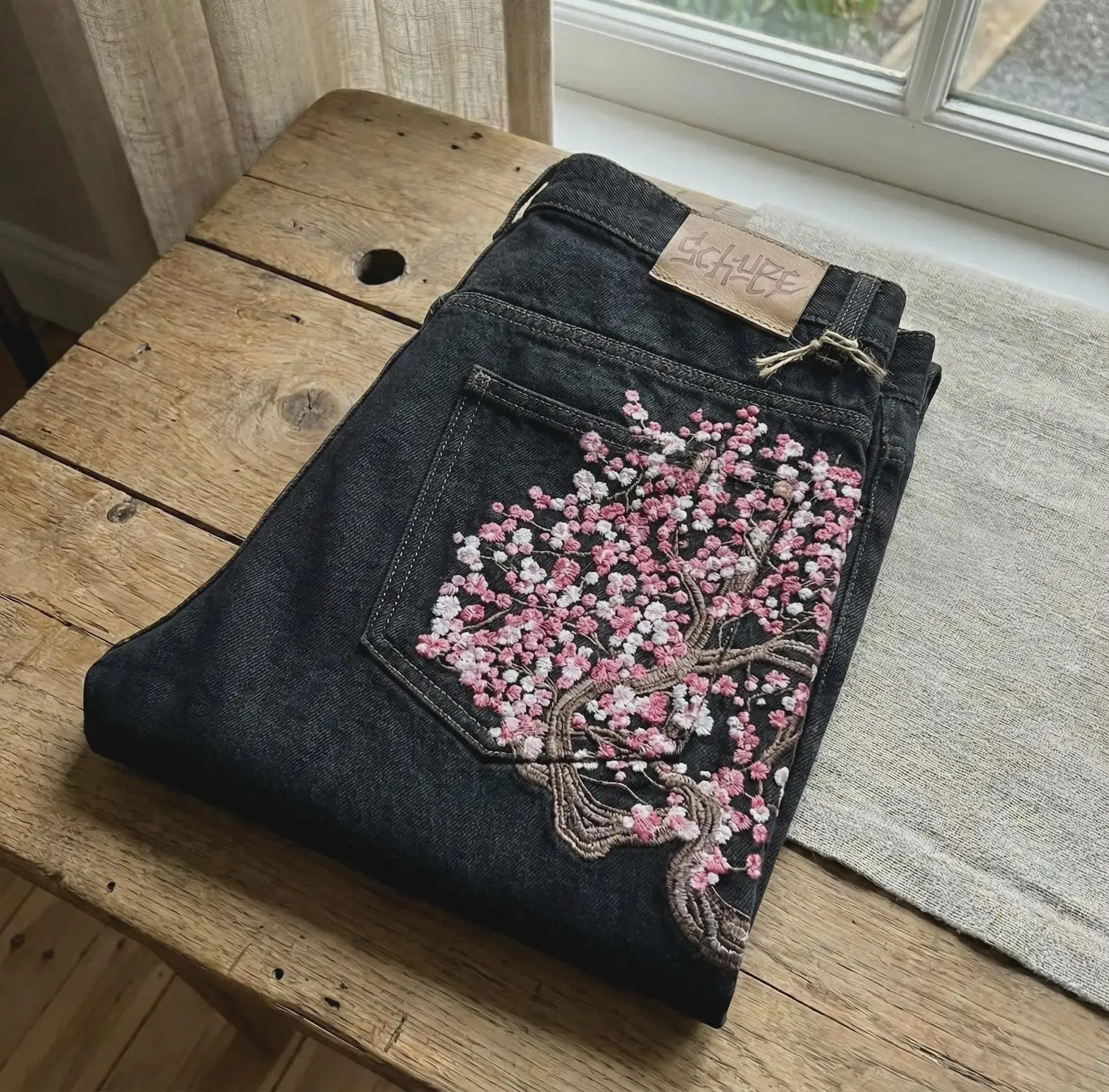 Hip-Hop Kirschblüten-Stickerei Baggy Jeans Harajuku Damen Weites Bein Hochgeschnittene Denim-Hosen Y2k Trend Jeans Damenkleidung Image