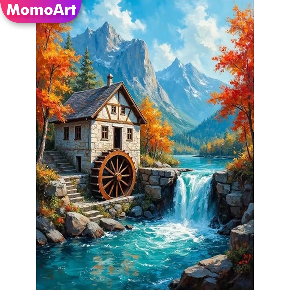 Momoart Diamant-Mosaik Haus-Landschaft Vollquadrat Rundes Diamant-Gemälde Fluss DIY Kreuzstich-Stickerei Handgemachtes Geschenk Image