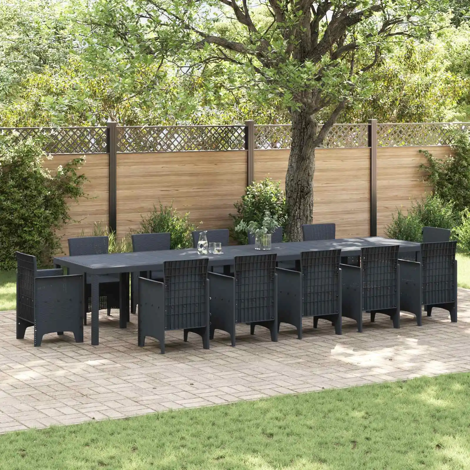 Anthrazitfarbener Gartentisch 400 x 100 x 73 cm aus Polyrattan, moderner, wasserfester Gartentisch aus Holz für Terrasse und Hof (nur Tisch)