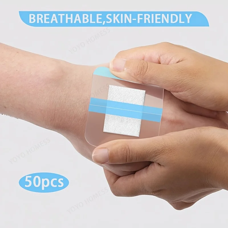 50 Stück elastische Wundverbände, wasserdicht, Wundverbandpflaster, keine Rückstände, 6 x 7 cm transparente Schutzfolie, Fixierungspflaster Image