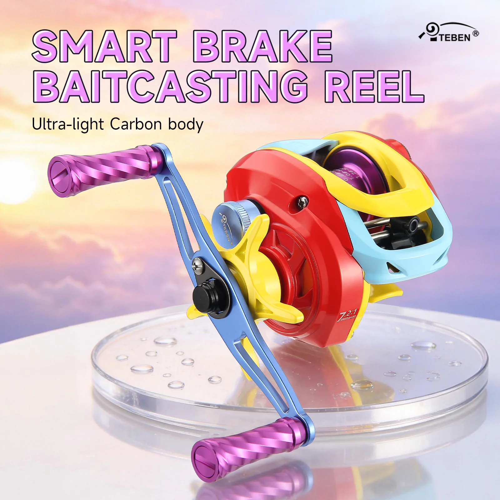 TEBEN LSY Farbenfrohe DC Baitcasting-Rolle mit Karbonfaser-Gehäuse, 5+1 Kugellager, 7,1:1 Übersetzungsverhältnis, CNC-Metallgriff, 5KG Max. Bremskraft, Angelrolle Image