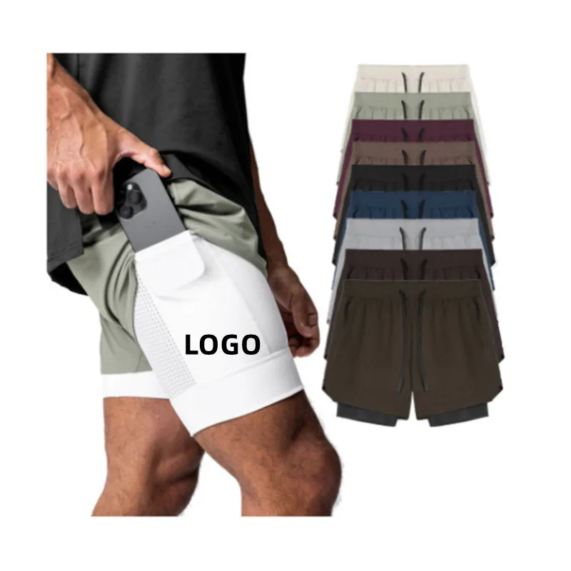 Pantaloncini sportivi da ginnastica Casual in Nylon semplice con Logo sportivo da uomo pantaloncini da ginnastica a compressione 2-in-1 per Fitness ad asciugatura rapida