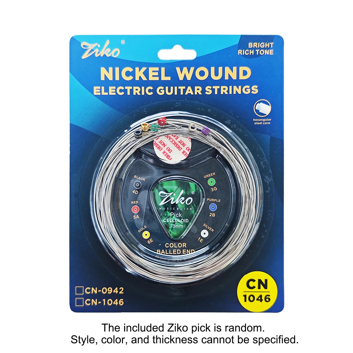 ZIKO 1Set CN-1046 E-Gitarrensaiten – Nickel umsponnen, sechseckiger Kern, stabiles Spielgefühl, farbiges Kugelende, Stärke 010-046 Image