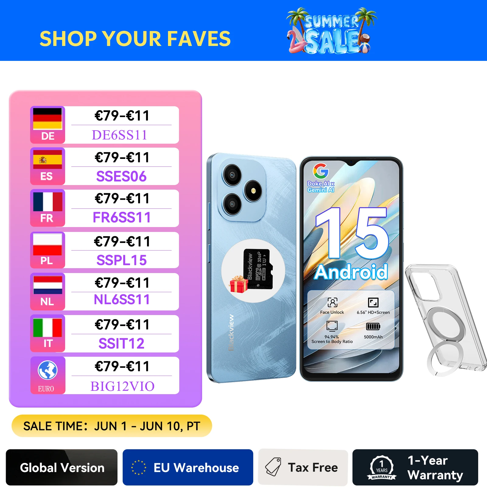 Blackview Wave 9C Smartphone, Android 15 Handy, 6,56 Zoll, 4GB+64GB & 4GB+128GB, 13MP+8MP, 5000mAh Akku, Fingerabdruck/Gesichtserkennung Image