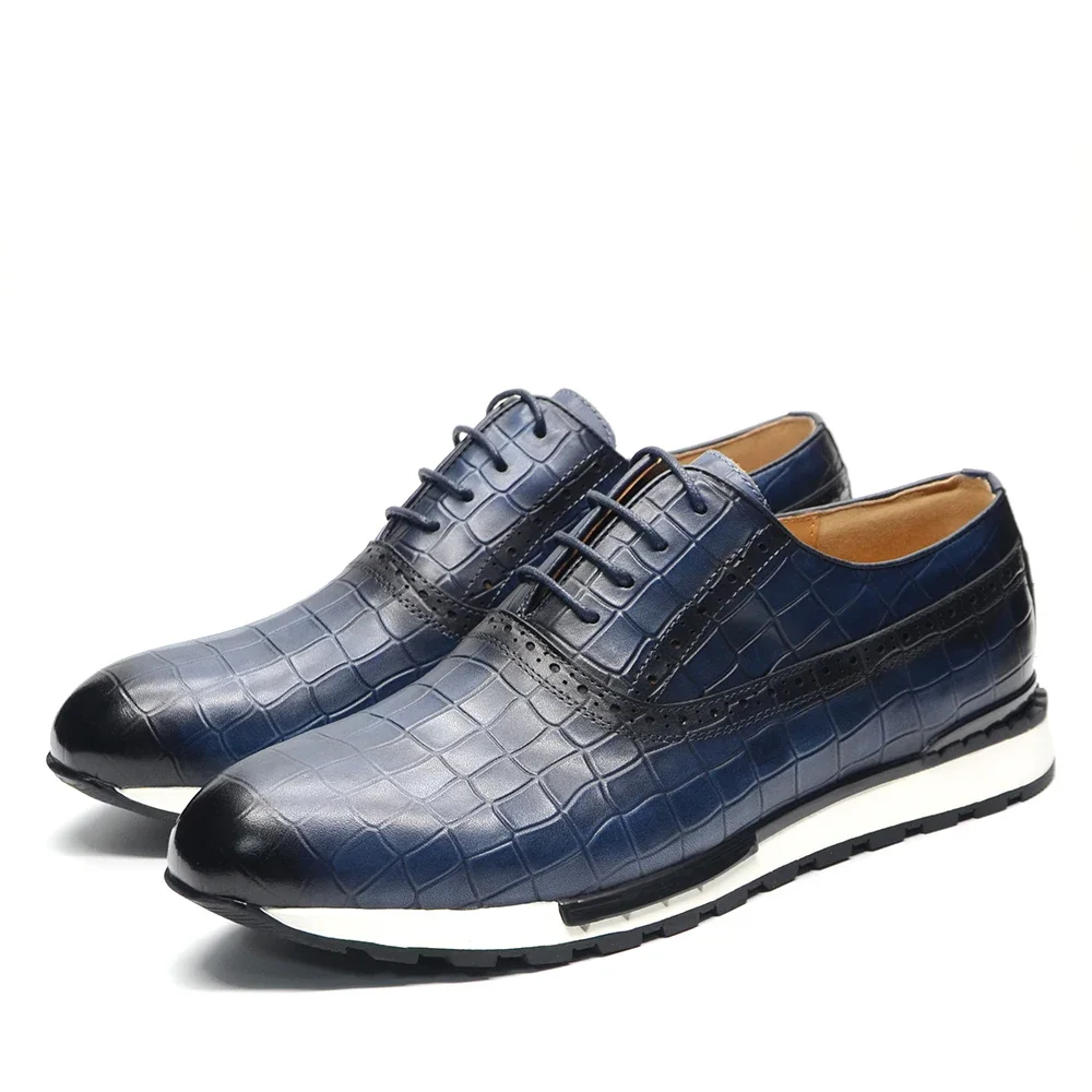 Luxus Männer Echtes Leder Casual Turnschuhe Komfortable Lace Up Oxford Täglichen Sozialen Schuhe Stein Muster Soild Blau Männliche Schuhe