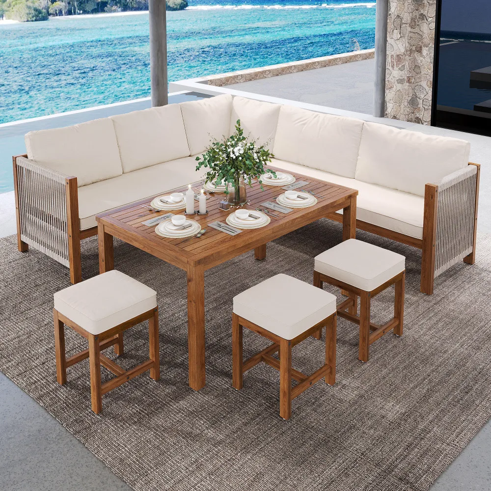 Gartenmöbel-Set mit Kissen, Polyrattan-Lounge, Outdoor-Tisch-Stuhl-Set für 7–8 Personen, inklusive Sofa, 3 Hocker und 1 Tisch