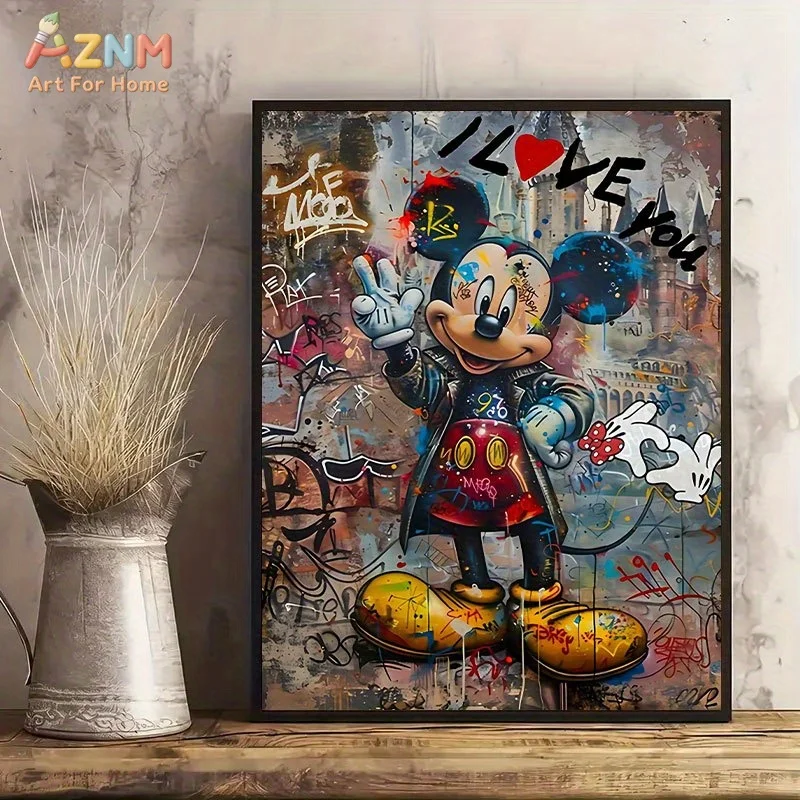 AZNM Mickey Mouse Graffiti-Kunst-Leinwanddruck, farbenfrohe Street-Art-Wanddekoration, ungerahmtes Pop-Art-Gemälde für Wohnzimmer, Schlafzimmer H Image