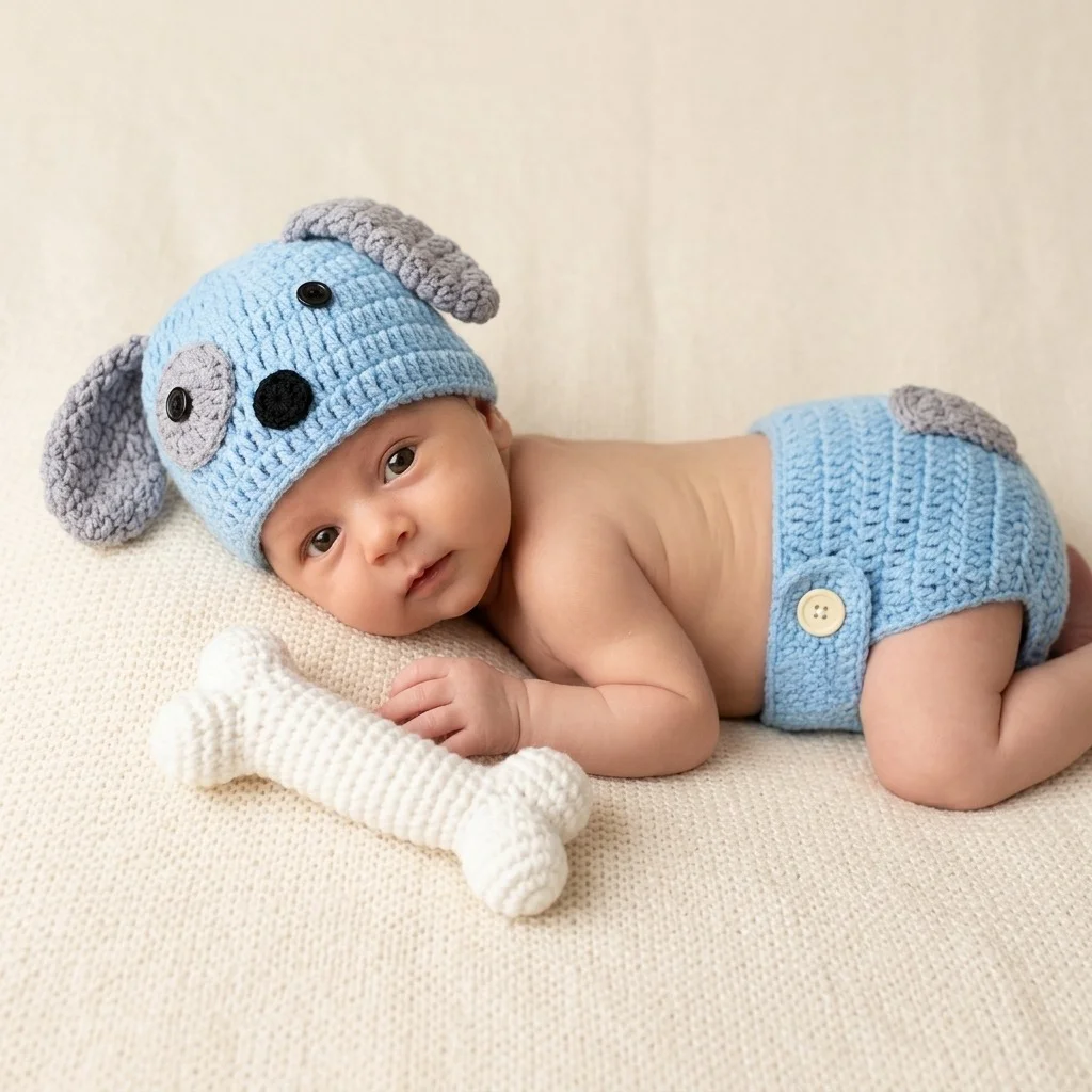 Handgemachte Häkel-Requisiten für Neugeborenen-Fotografie: Niedliches Welpen-Outfit für Baby Mädchen und Jungen, Fotoshooting-Set mit Strickmütze und Windelüberzug, Geschenk zur Babyparty Image