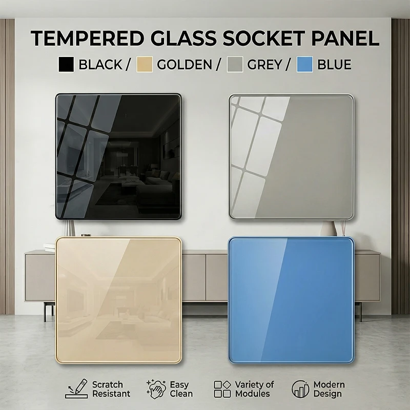 86X86MM Gehärtetes Glas Wandschalter Steckdose EU FR UK Standard USB-Ladeanschluss 10A/13A 250V 1/2/3/4-fach Kristallglas-Panel Image
