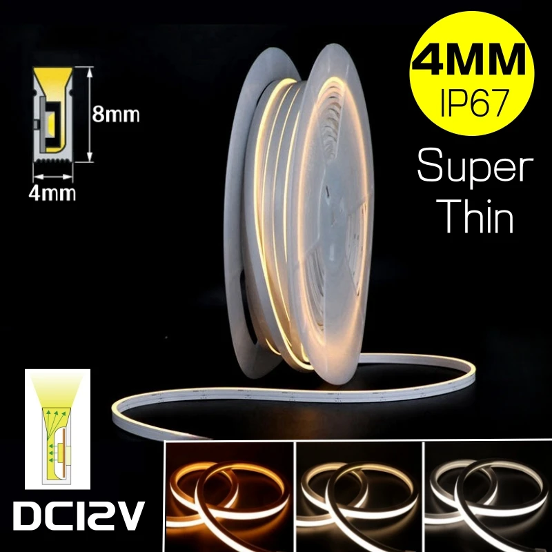 4 x 8 mm superdünnes LED-Neonstreifenlicht, DC12 V, flexibel, wasserdicht, Silikonschlauch, Diffusor, Einbauschrank, Schlafzimmer, Klebeband, Neonlichter Image