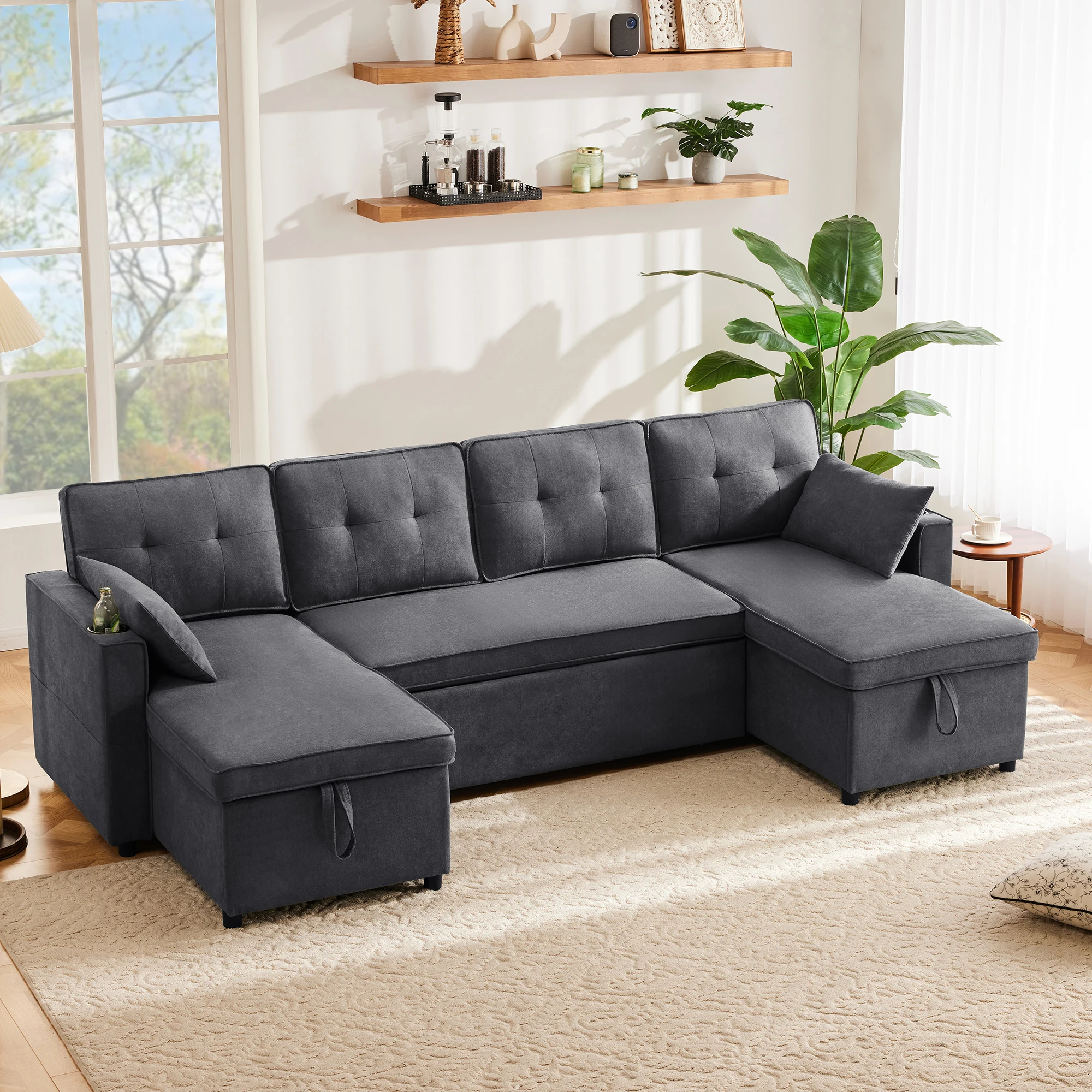 Eckschlafsofa mit Liegefunktion, Stauraum und Getränkehaltern, Baumwollstoff, Grau
