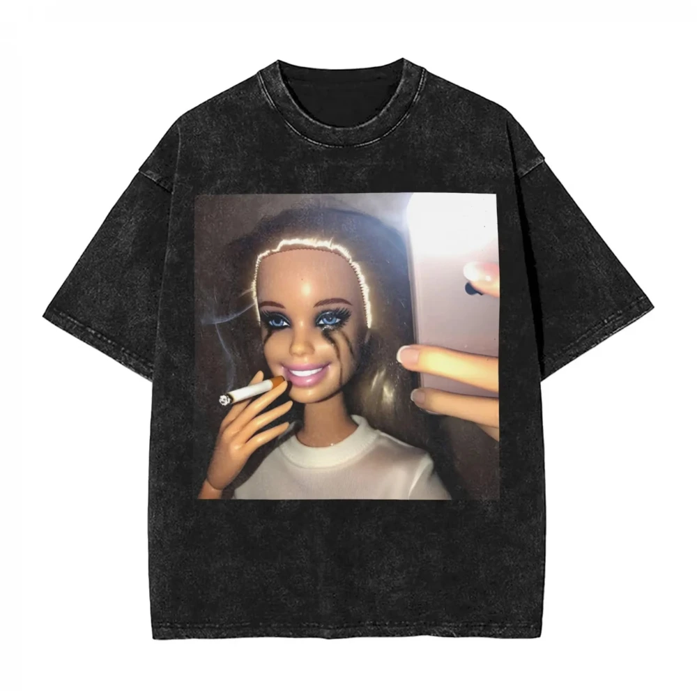 Lustiges Ekelhaftes Puppengesicht Rauchend Harajuku Neuheit Streetwear Vintage Y2K Gewaschenes T-Shirt Sommer Herren Damen Tee Lässig Übergroß Image