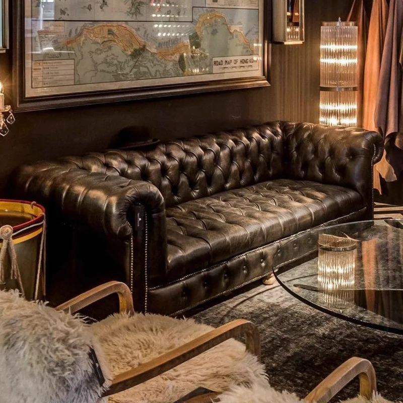 Amerikanisches Ledersofa, gerade Reihe, drei erste Schichten Rindsleder, Retro-Ölwachsleder