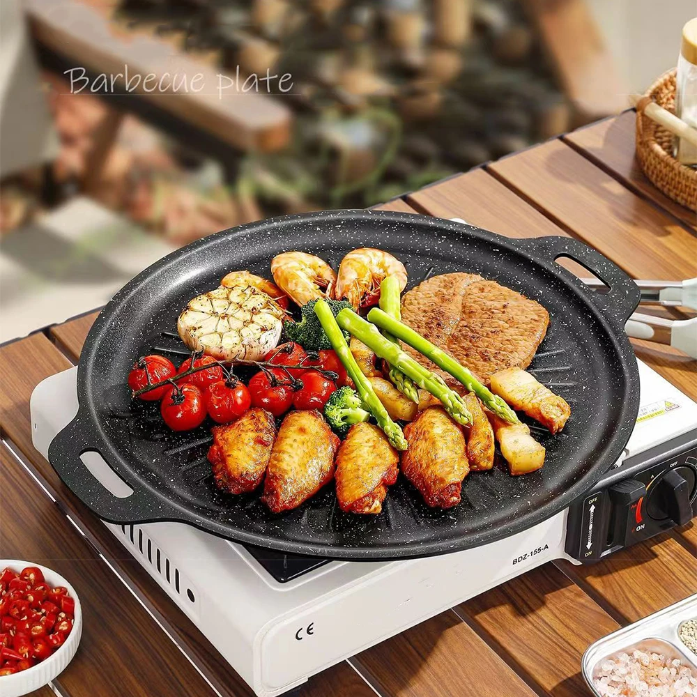 34CM Outdoor Grill Platte Runde Antihaft-Grill Pan Koreanische Grill Platte Steak Grill Pan Camping Braten Pan küche Kochgeschirr Image