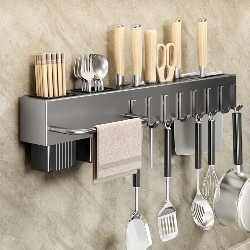 Robuster Wandmontierter Küchenorganizer aus Kohlenstoffstahl, Bohrerfreier Messerhalter für Messer, Utensilien und Schneidebretter, Platzsparend Image
