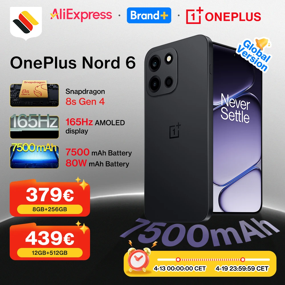 Weltpremiere 2026: OnePlus Nord 6 5G – 8 GB + 256 GB, 12 GB + 512 GB, Snapdragon 8s Gen 4, 165 Hz, 9000 mAh, IP69/IP69K, 50-MP-Kamera mit optischem Bildstabilisator (OIS), globale Version Image