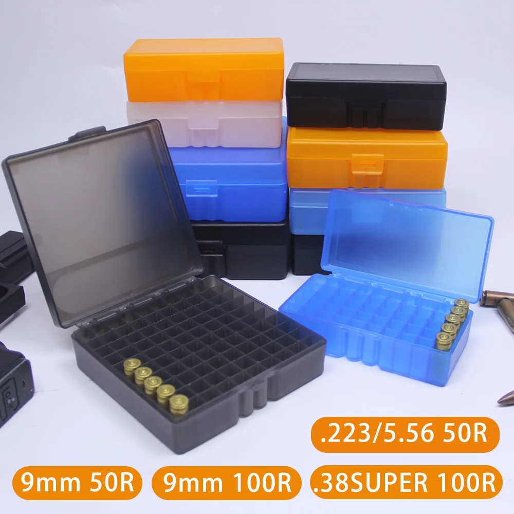 50/100 Schuss Taktische Patronenbox 9mm/.223/.38Super Pistolen- und Gewehrmunition Aufbewahrungsbox mit Klappdeckel Jagdzubehör Image