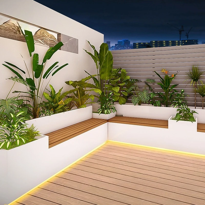 Moderner Outdoor-Hofhocker mit Blumenkasten, Rechteckige Maßgefertigte Edelstahl-Terrassenbank, Gartenmöbel FYSS