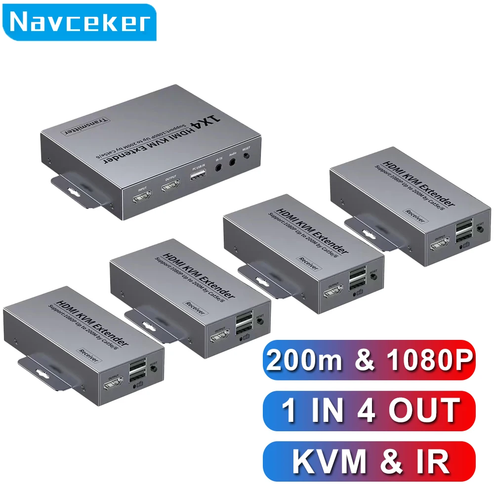 200m 1x4 HDMI & USB 1080P Extender über IP RJ45 KVM Sender Empfänger über Cat5e Cat6 Ethernet-Kabel mit Loop-Out IR-Unterstützung Image