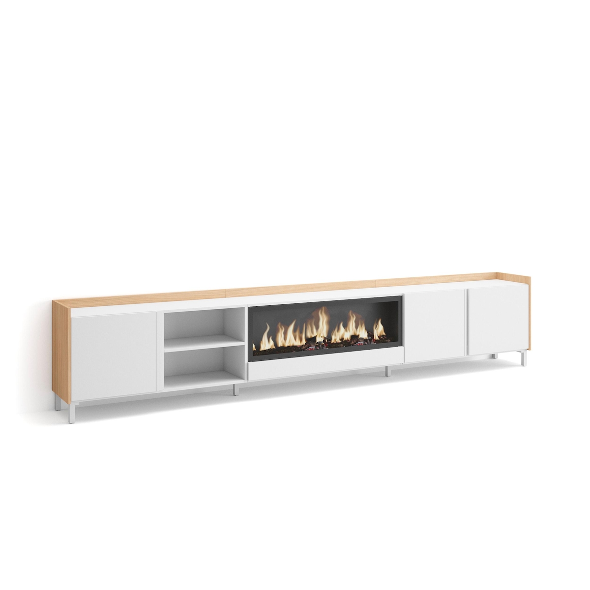 TV-Schrank, Lowboard, 315x61x35 cm, Für TV-Geräte bis zu 80", Elektrokamin XXL, Industriedesign, Weiß und Eiche Soft Image