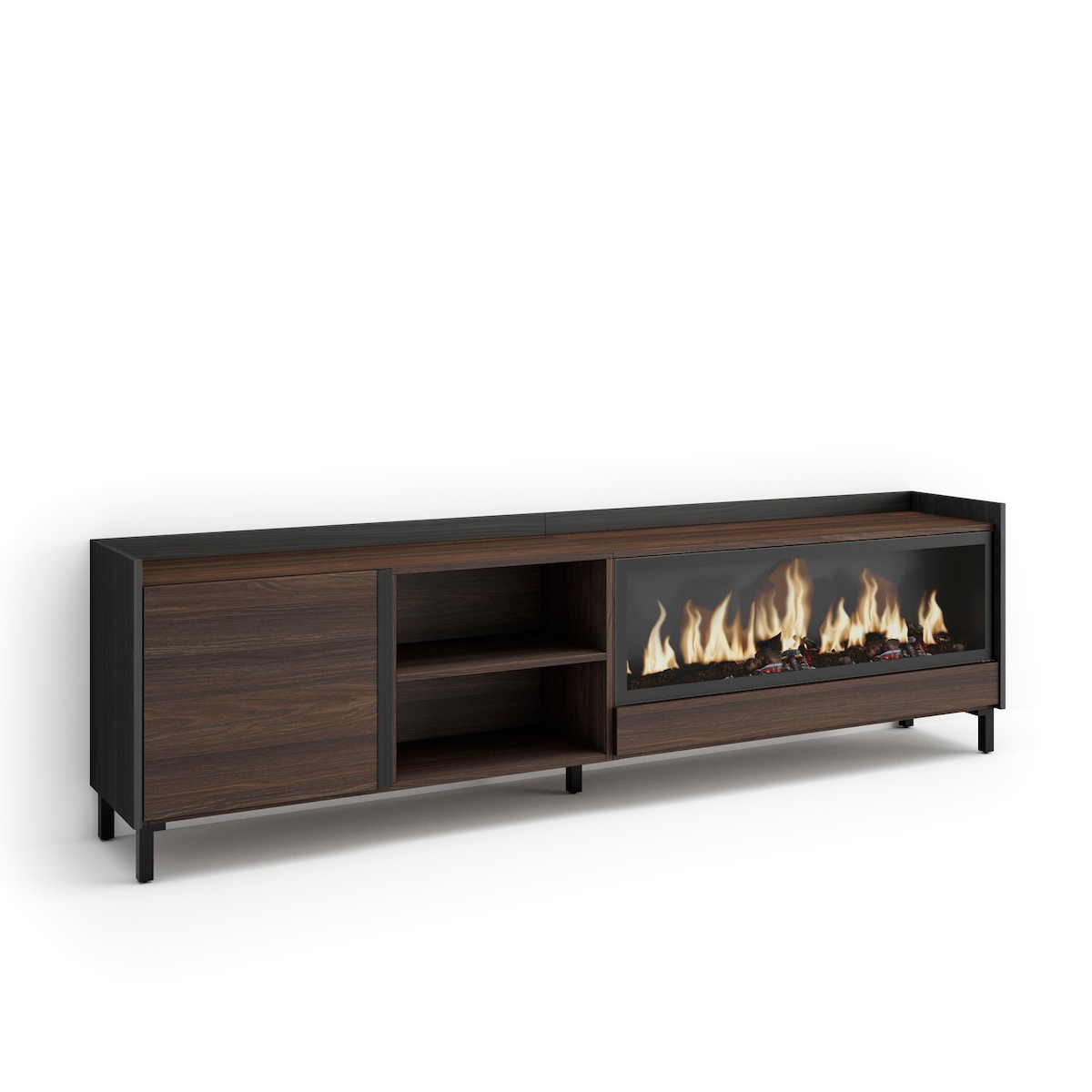 TV-Schrank, Lowboard, 212x61x35 cm, Für TV-Geräte bis zu 80", Elektrokamin XXL, Industriedesign, Dunkler Eiche und Schwarz Image