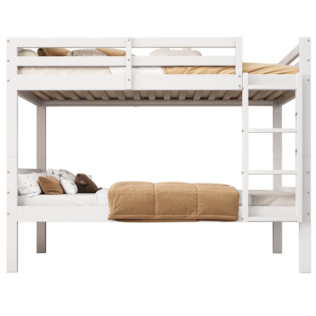 OKWISH Etagenbett Kiefernholz Holzleiter Schlafplatz flexibel aufteilbar Einzelbett Sicherheitsgitter robust modern Weiß 90x200cm Image
