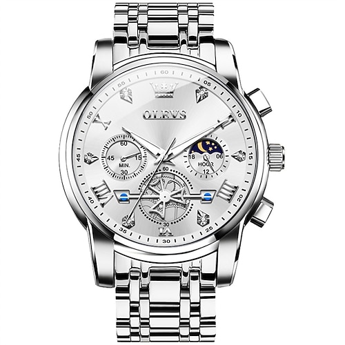 Olevs Herren-Automatikuhr, luxuriöse Skelett-Armbanduhr mit Mondphase, wasserdicht, leuchtend, zweifarbig, Edelstahl, Business- und elegante Herrenuhr. Image