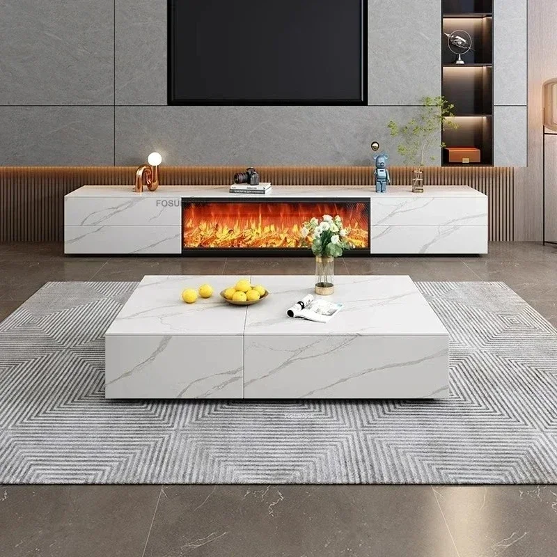 Meuble TV en ardoise italienne avec foyer électronique intégré à flamme simulée, meuble de rangement pour téléviseur, mobilier de luxe pour salon