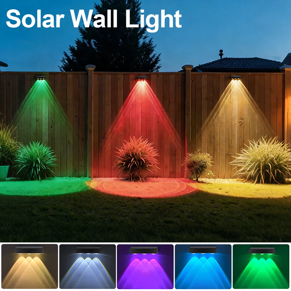 Lampes solaires d'extérieur, lumière solaire pour clôture, blanc chaud et lumière RGB, lampe murale solaire pour extérieur, cour, patio, lumière alimentée par l'énergie solaire