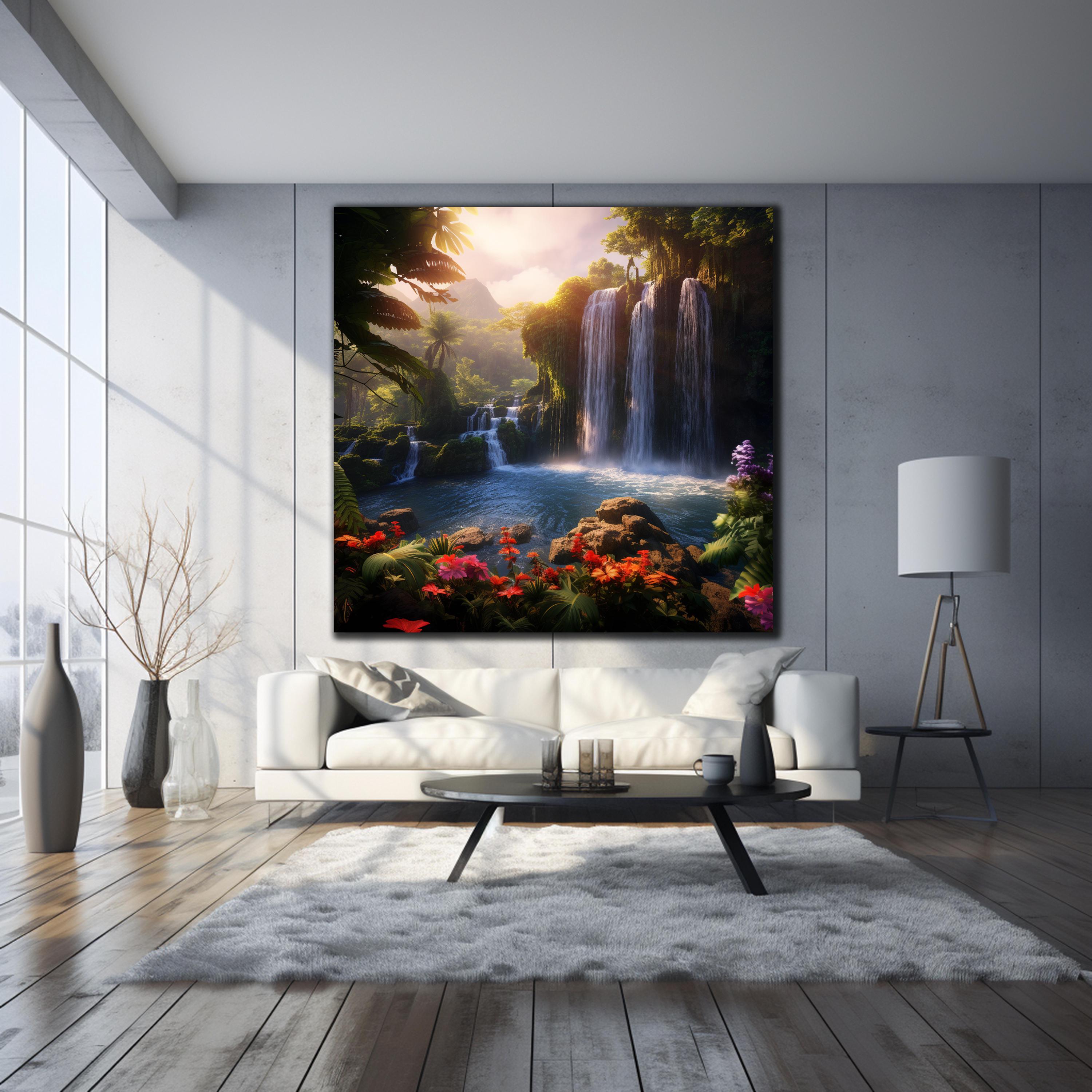 Arte murale a cascata, arte murale in vetro temperato, arte moderna in vetro, grande arte murale in vetro, arte murale paesaggistica, stampa su vetro,