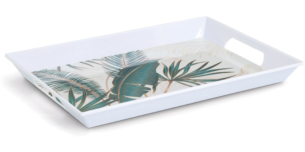 Tablett ZELLER PRESENT "Melamintablett "Palm leaves", dekor, B:34,8cm H:4,7cm L:50cm, Melamin, Tabletts, tropisches Motiv, Tragegriffe, 34,8x50 cm Image