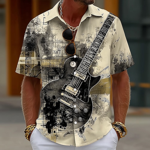 Homme Guitare Instrument de musique Notes de Musique Chemise Chemise Boutonnée Manche Courte Vintage Rétro Quotidien Festival de Musique Été Printemps Col Rabattu Impression 3D chemises à col Bleu
