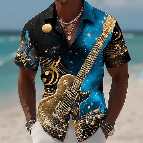 Homme Guitare Instrument de musique Notes de Musique Chemise Chemise Boutonnée Manche Courte Vintage Rétro Quotidien Festival de Musique Été Printemps Col Rabattu Impression 3D chemises à col Bleu