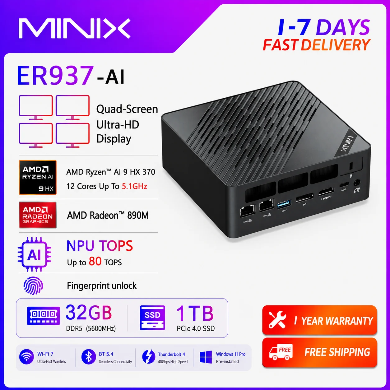 Mini PC MINIX ER937-AI, AMD Ryzen AI 9 HX 370 (80TOPS), Radeon 890M, 32 Go DDR5/ 1 To SSD PCIe 4.0/ Verrouillage par empreinte digitale Mini PC de jeu/ Wi-Fi 7/ Double LAN 2.5G/ Affichage Quad 8K pour