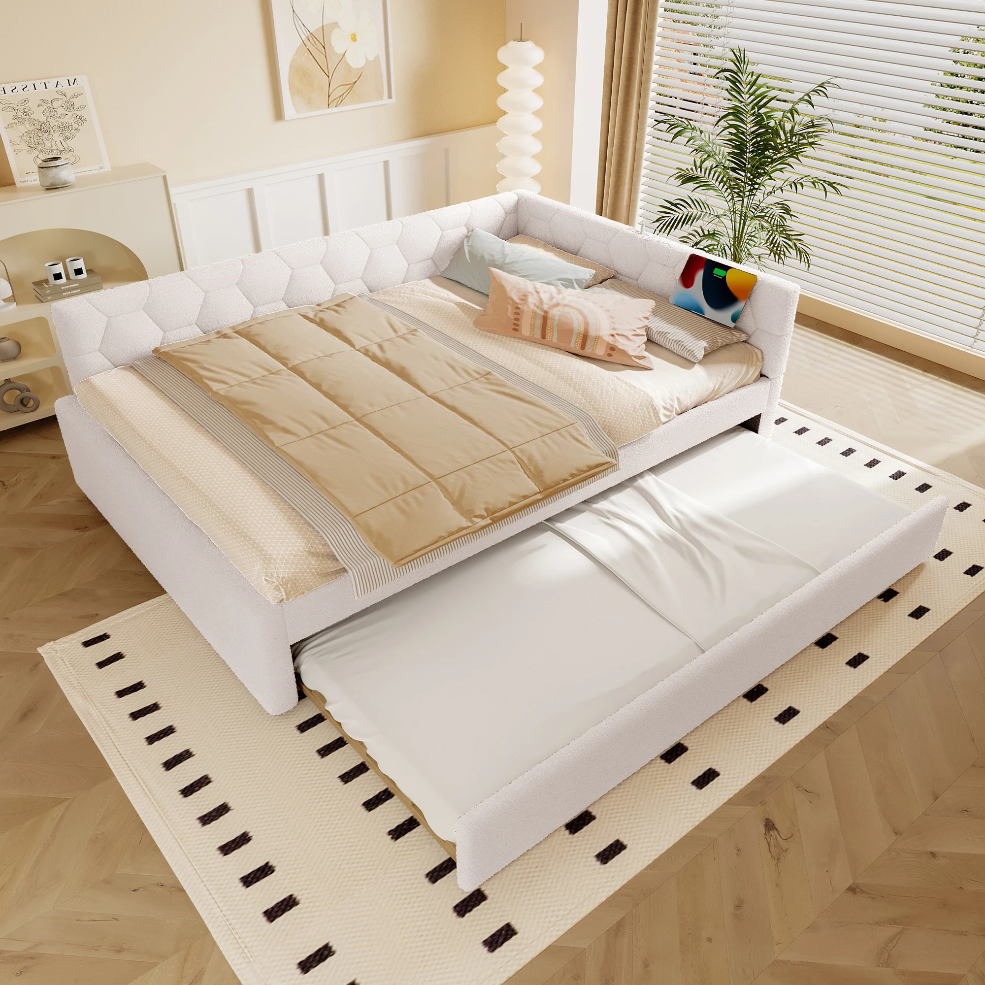okwish Daybett 140x200 Schlafsofa mit Ausziehbett, Lattenrost, USB, Weiß ohne Matratze