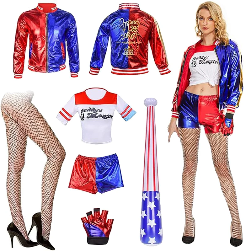 Kinder Erwachsene Selbstmord Stickerei Jacke T-shirt Hosen Handschuh Cosplay Kostüm Quinns Monster Harlee Clown Halloween Kostüm Image