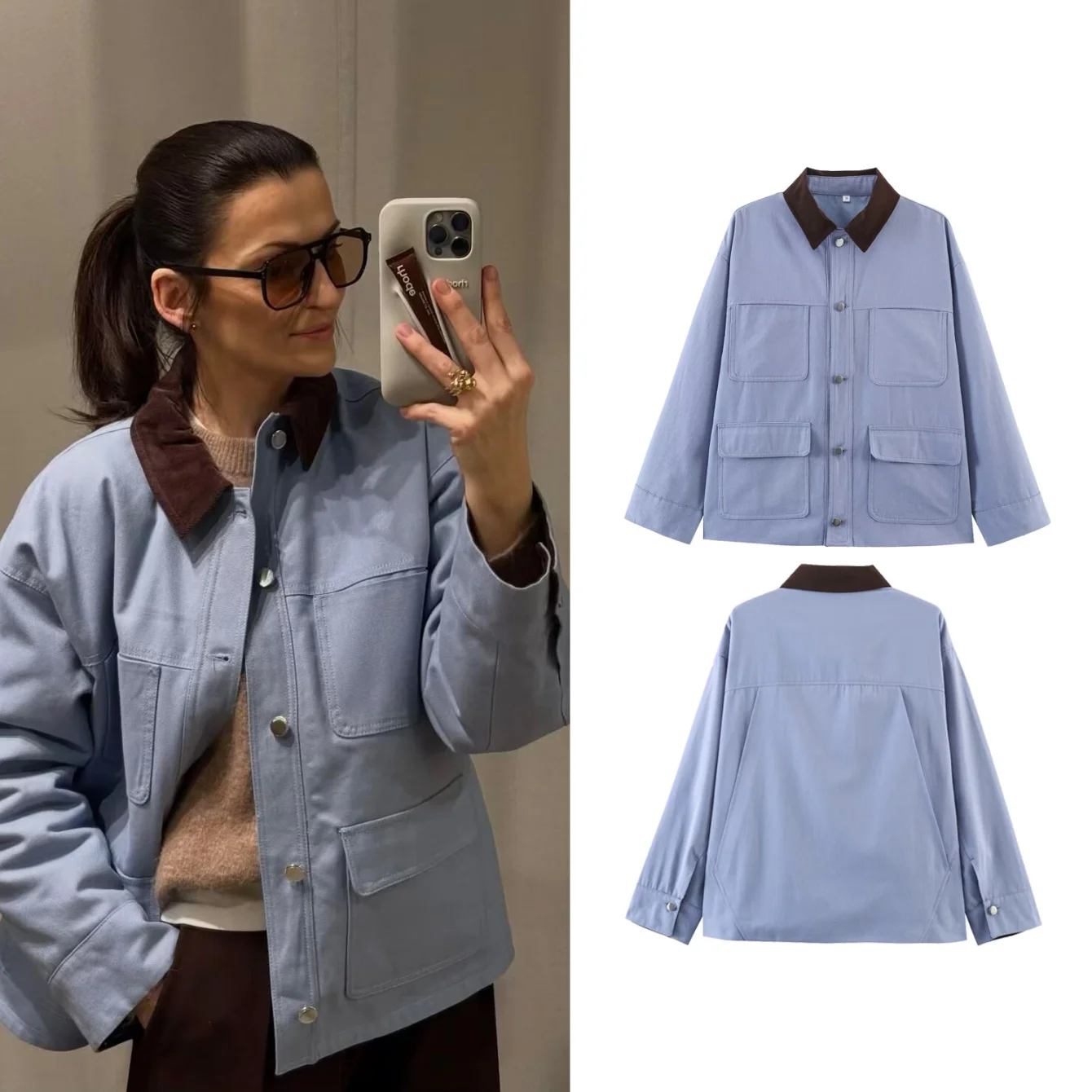 Damenjacken mit Großen Taschen Frühling Neue Damen Casual Vintage Revers Einreihige Langarm-Mäntel Damen Oberbekleidung Streetwear-Jacke