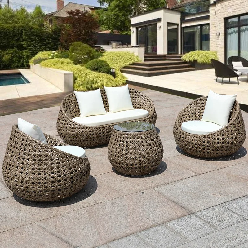 Outdoor-Rattan-Sofa-Kombination, Balkon, Innenhof, Rattan-Möbel, Outdoor-Garten im Freien, draußen, Freizeit, wasserdichter Sofastuhl