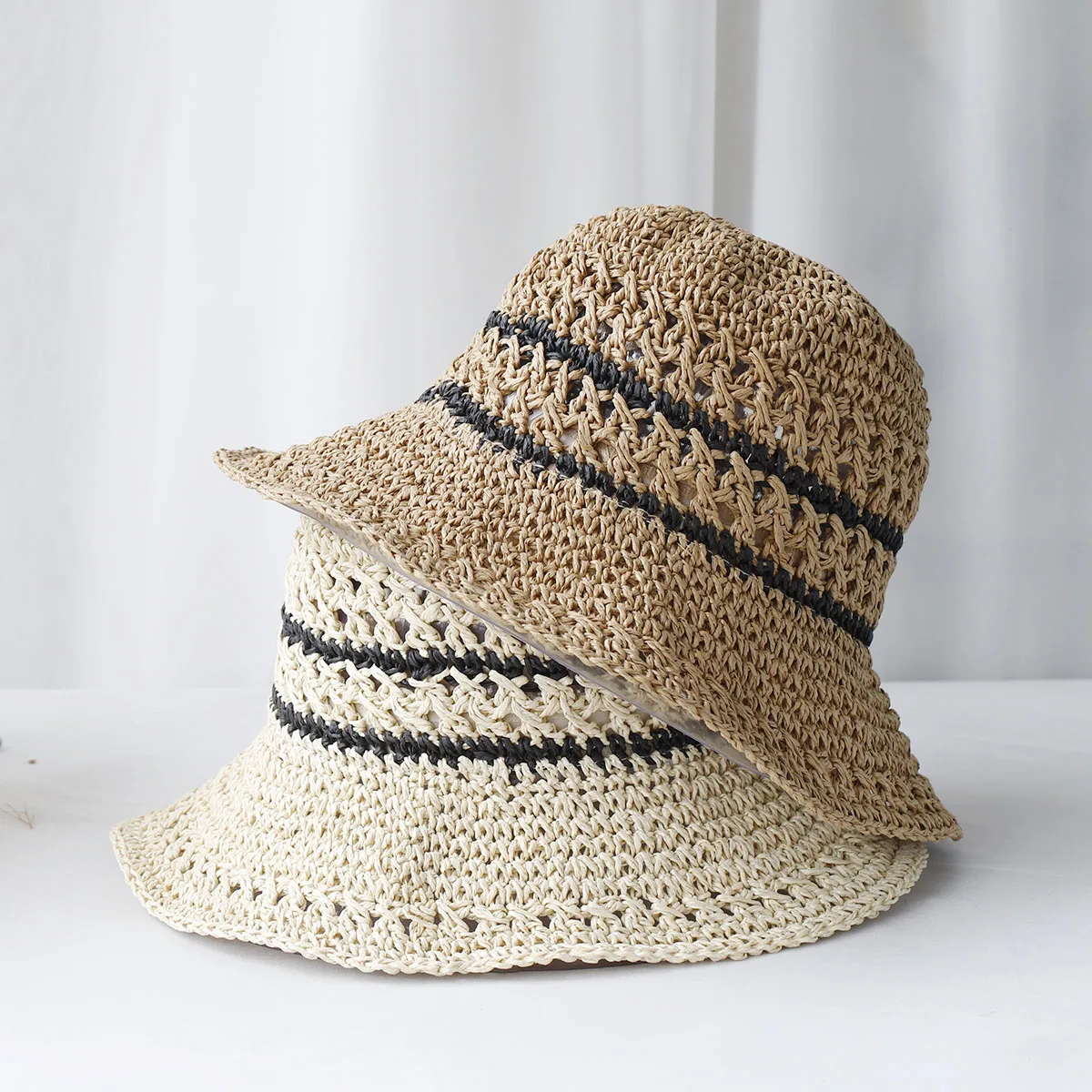 2024 Damen Strohhüte Häkelhut Bucket Hat UV-Schutz Sonnenblende gestreift Fischerhut Damen Sommerhut Mütze Image