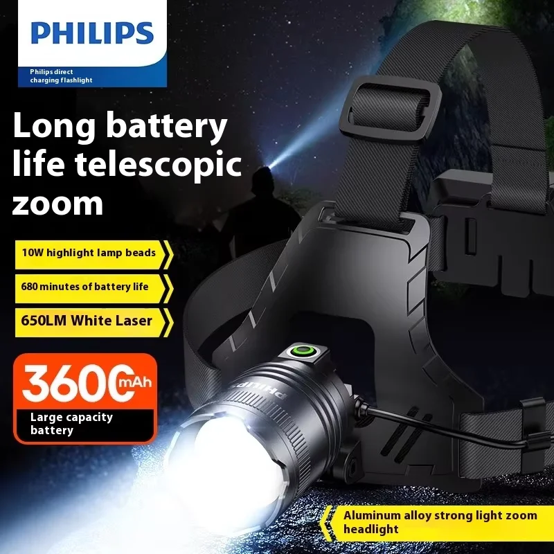 Philips SFL 3341 Stirnlampe mit 90 Grad verstellbarem Strahl, 680 Minuten Laufzeit, 3600mAh extra großer Akku, kopfmontiert. Image