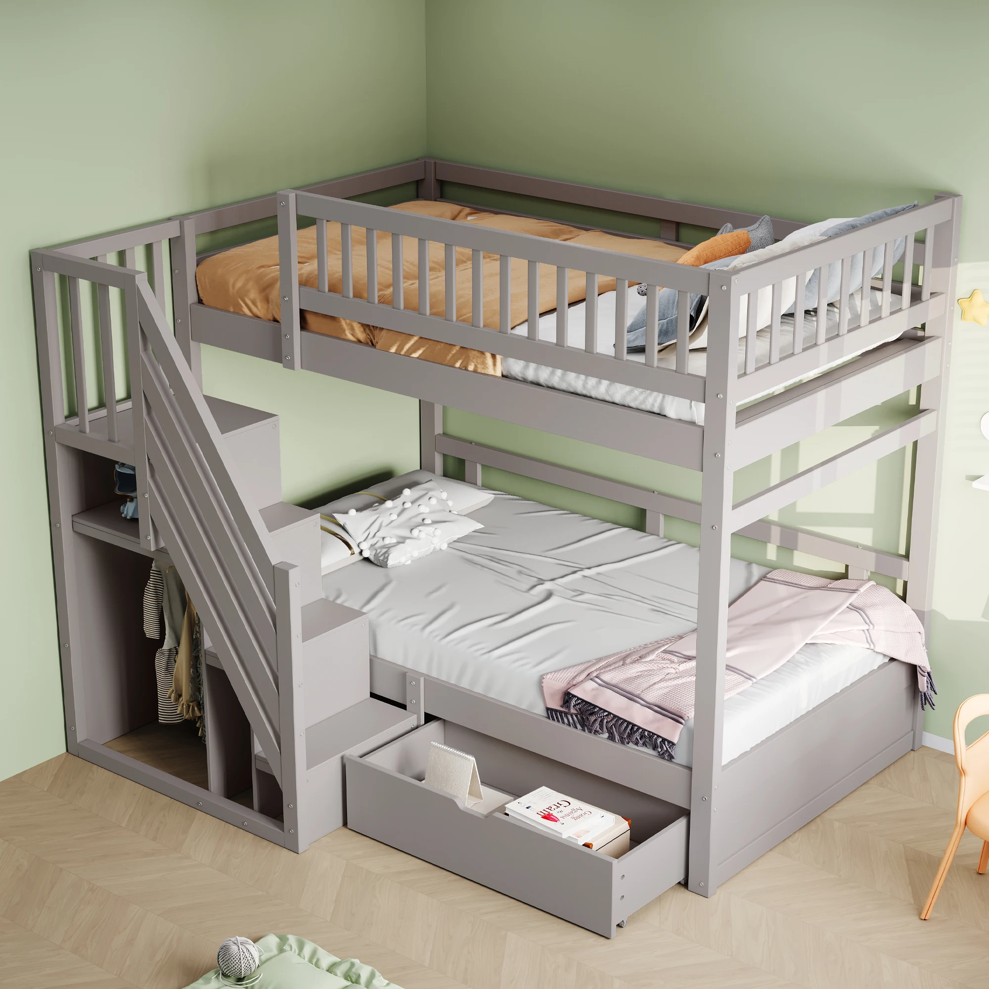 MODFU Etagenbett 90x200,Hochbett mit Lattenrost und Stauraum,Jugendbett mit Stauschubladen,ohne Matratze