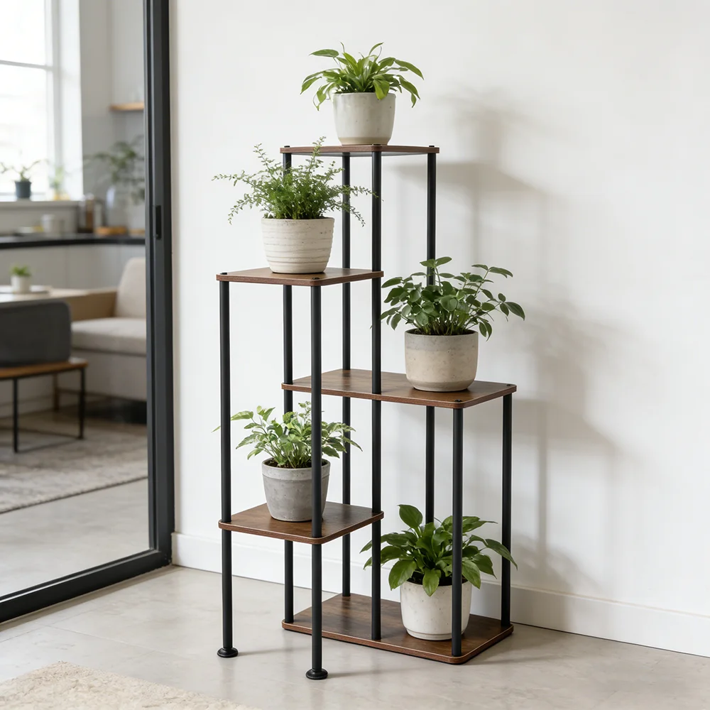 Industrieller Rustikaler Holz-Pflanzenständer mit 5 Ebenen, Metallrohr-Leiterregal, Freistehender Blumentopfständer für Terrasse, Balkon, Wohnzimmer Image